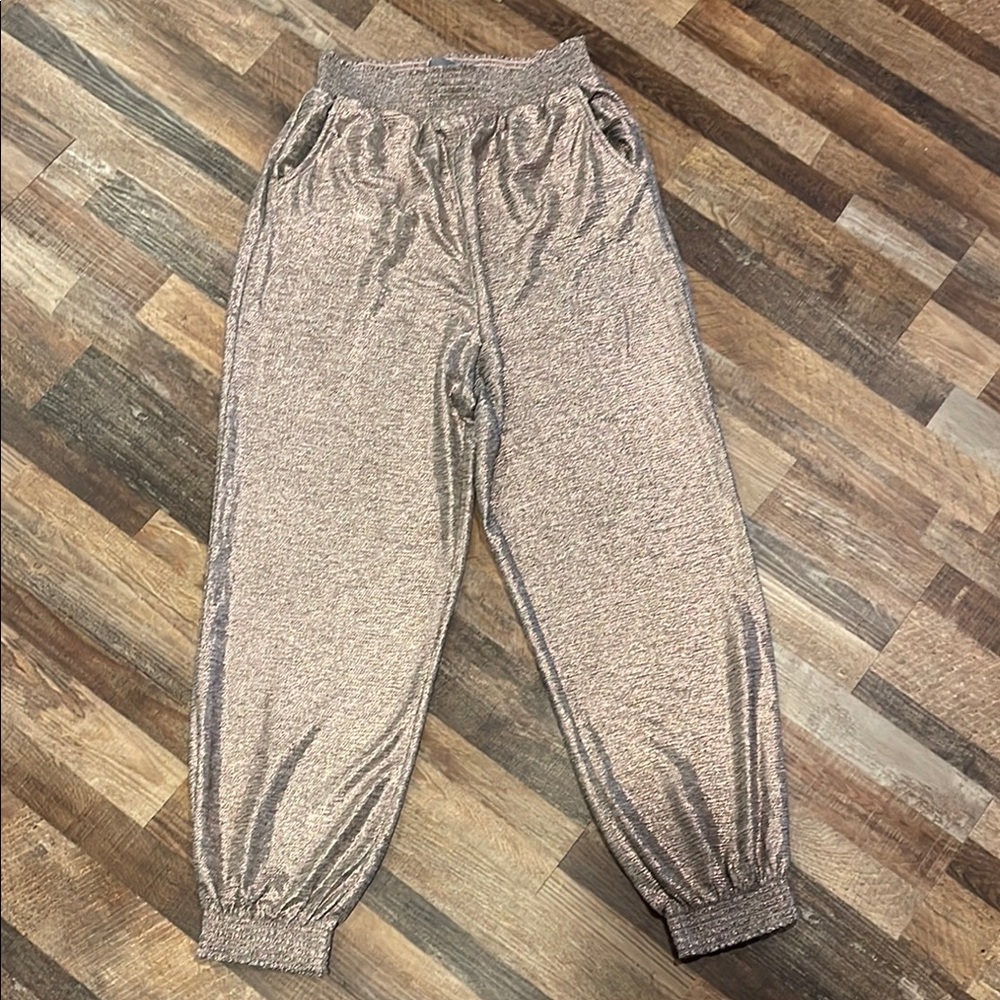 Anthropologie Rose Gold Track Pants with Elastic Waistband &Tapered Ankle Cuffs
